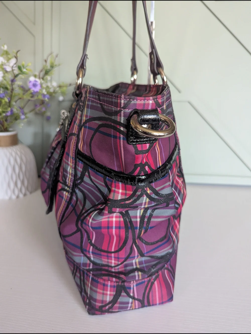 Coach Pink and Purple Plaid Signature Tote